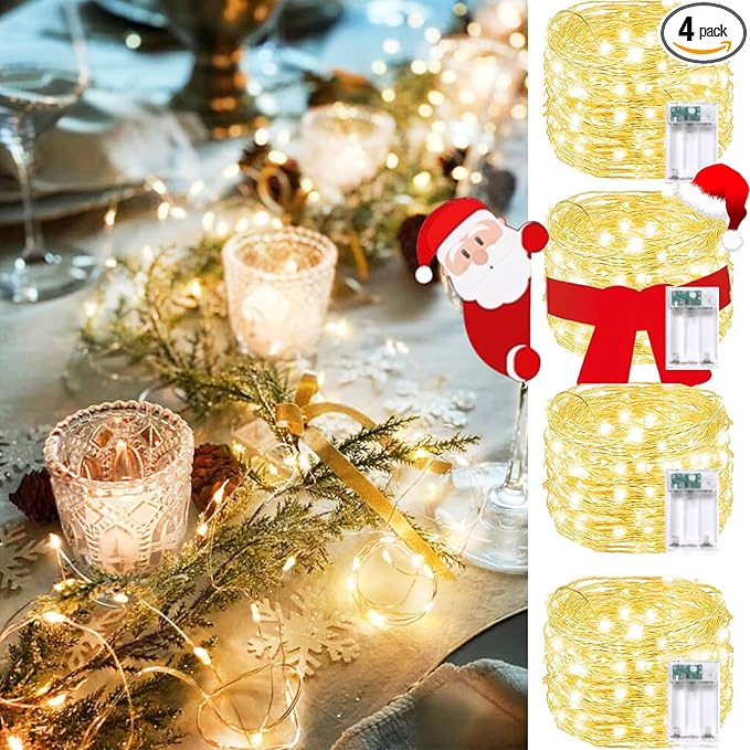 4 Pack 240 LED Christmas Fairy Lights Battery Operated with Timer, 80FT Waterproof Twinkle Lights Indoor Outdoor, String Lights Battery Powered for Bedroom, Centerpiece, Chistmas Decor (Warm White)