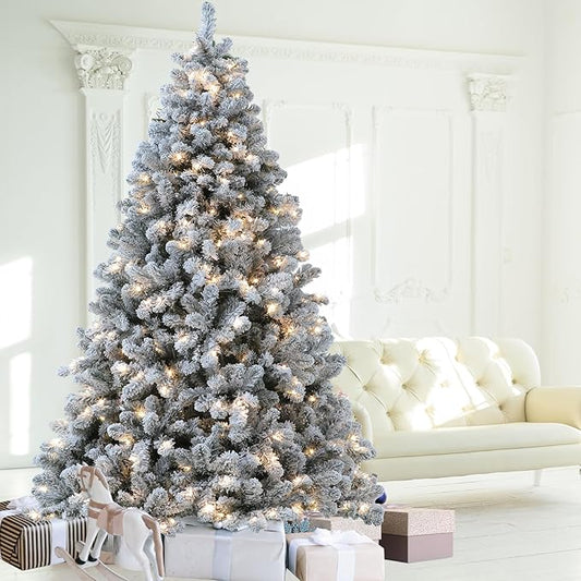 Flocked Christmas Tree, 7.5 ft Prelit Christmas Tree with Lights, 10 Functions, 400 Lights, Spruce Artificial Christmas Tree Prelit with 1832 Realistic Tips & Sturdy Metal Base Easy Assembly