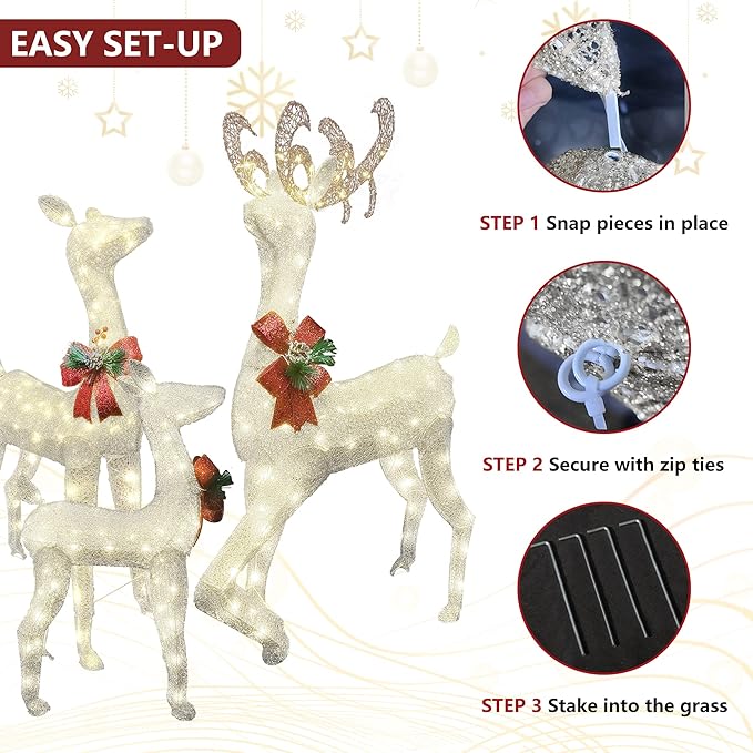 AWQM 3-Piece Lighted Christmas Reindeer, Christmas Deer Family Set with Red Bow, 50+80+100 LED Lights, Indoor or Outdoor Christmas Holiday Decoration for Yards Garden Lawn Patio Light Up Display,White