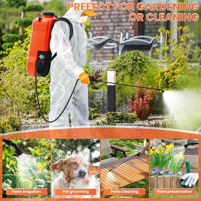 Battery Powered Backpack Sprayer 5.4 Gallon,Adjustable Wheeled Cart, 0-94 PSI,6 Hours Long Battery Life,12V 8Ah Battery,Backpack Sprayer with 4 Nozzles for Weeding, Spraying, Cleaning