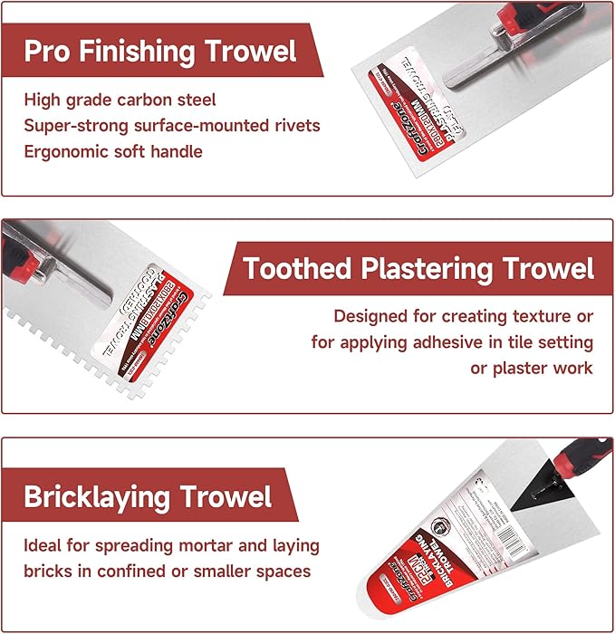 4 Pieces Concrete & Trowel Masonry Set - High Carbon Steel Plastering | Bricklaying Tools for Drywall Asphalt - Includes Flat & Notched Trowels & 7"/9" Brick Trowels with Soft Grip Handle
