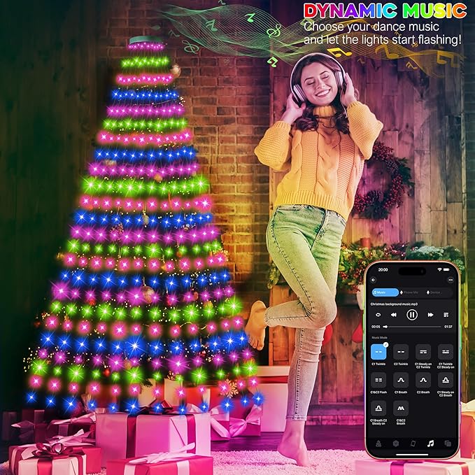 30+ Modes Ring Christmas Tree Lights Indoor Outdoor - 6.56Ft x 12 Lines 288 LED Easy App Control Color Changing Timer Remote Waterproof for 6 7 Ft Xmas Trees (Cool White to Multicolor)