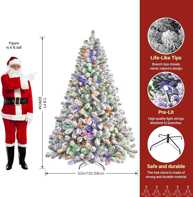 SHareconn 7.5ft Pre-Lit Flocked Spruce Artificial Hinged Christmas Tree with Remote, Timer and 470 Warm White & Multi-Color Lights, 1264 Branch Tips, Perfect Choice for Xmas Decoration, 7.5 FT, White