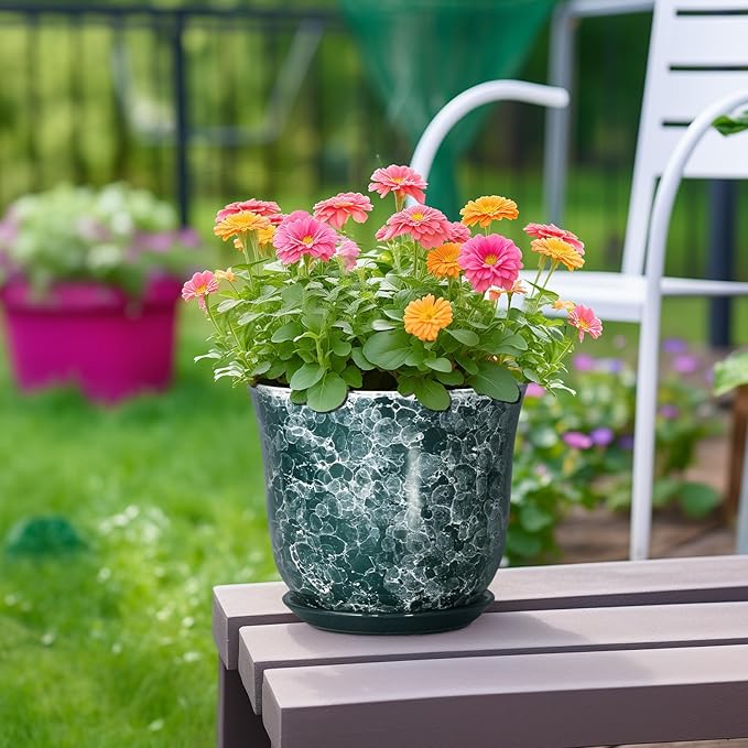 8 Inch Plant Pot - Ceramic Planter with Drainage Hole and Saucer, Round Planter for Indoor Outdoor, Modern Planters, Decorative Flower Pots, Office Room Home Decor, Plant Lover Gifts, Green