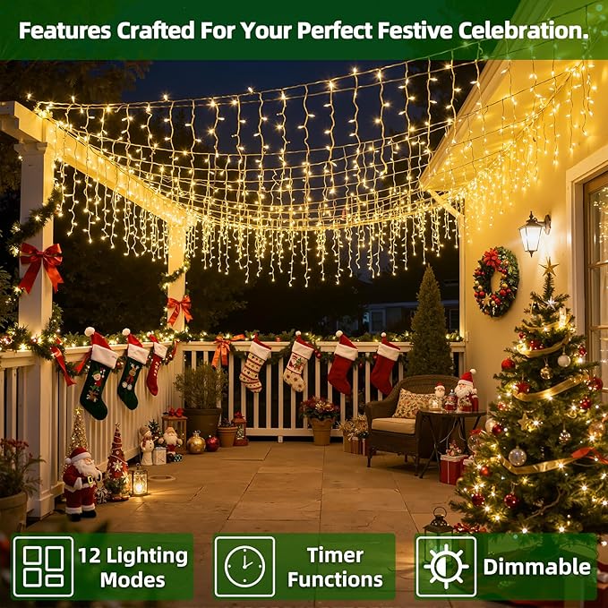 504 LED Christmas Lights with 112Drops, 50ft 12 Modes Warm White Fairy String Lights with Timer Dimmable, Waterproof Twinkle Lights for Indoor Outdoor Holiday Wedding Party Eaves Yard Christmas Decor