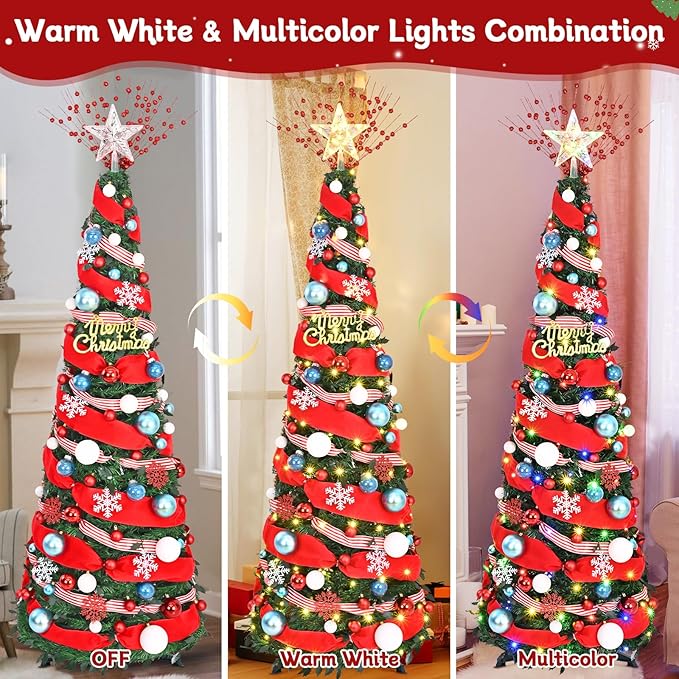 Dolicer 6FT Pop Up Artificial Christmas Tree with Lights & Remote, Collapsible Easy Christmas Tree with 200 Warm White & Colorful LED Lights, Foldable Xmas Tree for Small Space