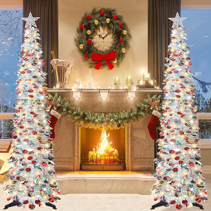 HMASYO 6 FT Pop Up Christmas Tree with 100 LED Lights & Remote, Silver Christmas Tinsel Tree, Collapsible Artificial Pencil Tree for Home Office Party Decor, USB Powered Timer Lights, Easy Assembly