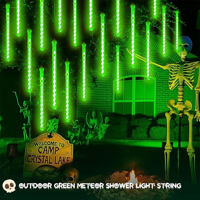 2-Pack Christmas Lights Outdoor, Extendable Meteor Shower Lights 16 Tubes 384 LEDs Indoor Outdoor, Waterproof Falling Rain String Lights with Timer for Christmas Decor Tree Roof Garden Patio(Green)