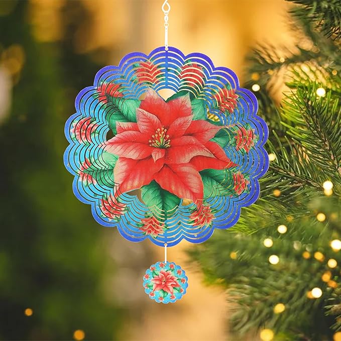 Wind Spinners Outdoor Christmas Poinsettia - Birthday Gifts for Women Mom Grandma, Hanging Wind Sculptures 12 inch 3D Wind Spinner for Garden Decor for Outside, Garden, Patio, Yard, Outdoor（Red