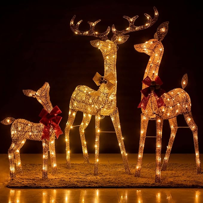 YULETIME 3-Piece Pre-lit 3D Christmas Reindeer Family, Lighted Glitter Christmas Deer Family Holiday Decoration with Warm White LED Lights (3D 3-Piece)