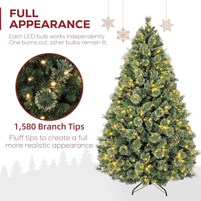 Hykolity 7.5 ft Pre-lit Christmas Tree, Artificial Christmas Pine Tree with 450 Warm White LED Lights, 1580 PVC Branch Tips & Needles, Metal Stand and Hinged Branches