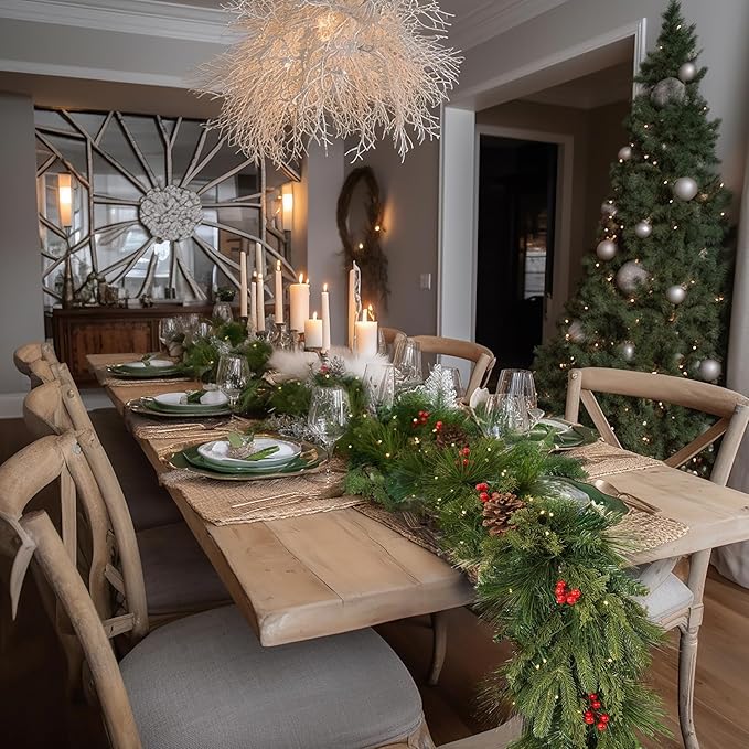 WBHome Real Touch Mixed Evergreen with Pinecones Foliage Prelit Garland, Winter Greenery Garland for Christmas Holiday Seasonal Outdoor/Indoor Home Decor Mantle, 6FT Long