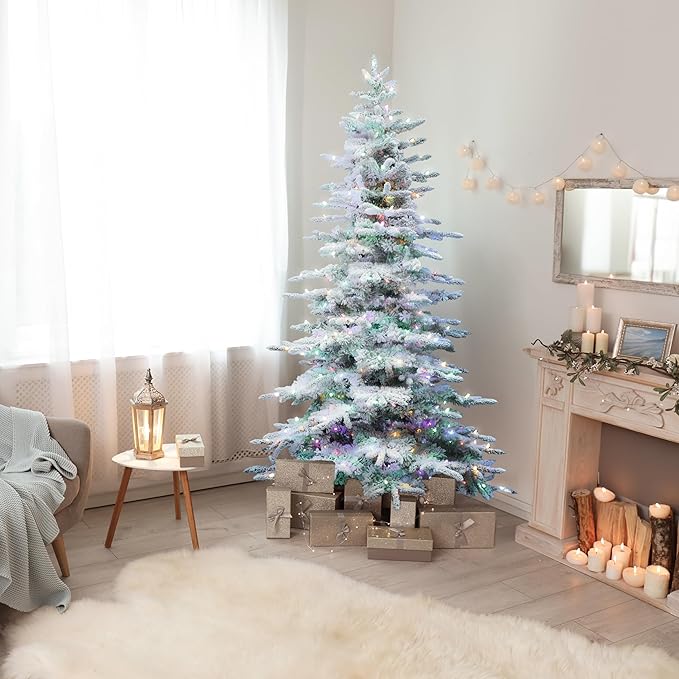 Fraser Hill Farm 6.5-Ft. Pine Valley Flocked Artificial Christmas Tree with Dual Multicolor & Warm White LED Lights, Prelit Foldable Fake Tree with Realistic Snowy Foliage for Home Decoration