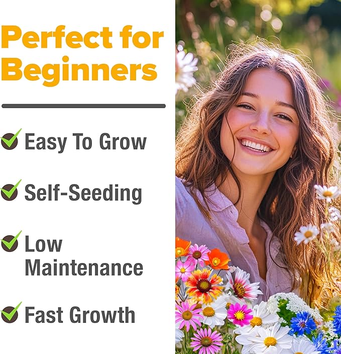 HOME GROWN Premium Wildflower Seeds Bulk - 60,000+ Perennial Flower Seeds Mix for Planting Outdoors - 24 Variety Wildflower Seed Mix - Attracts Bees, Butterflies & Birds - 2oz Wild Flower Seeds