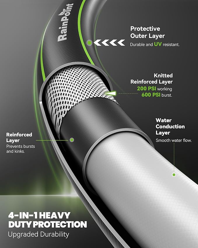 RAINPOINT Short Leader Garden Hose 15ft x 5/8", Water Hose Heavy Duty, Flexible, Lightweight Durable Hybrid Hose with Swivel Handle for Yard, Car Wash, Pets, No Kink, Female to Female Fittings