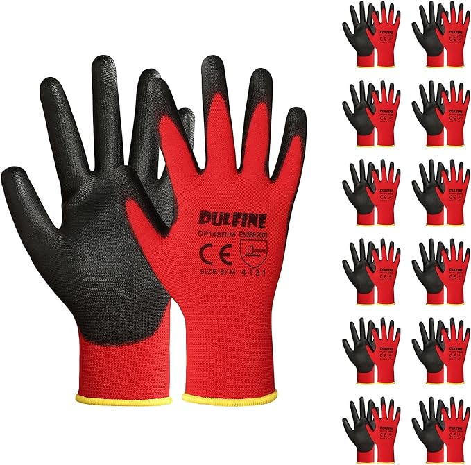 Safety Work Gloves PU Coated-12 Pairs,Red Seamless Knit Glove with Polyurethane Coated Smooth Grip on Palm & Fingers, for Men and Women, Ideal for General Duty Work (Medium)