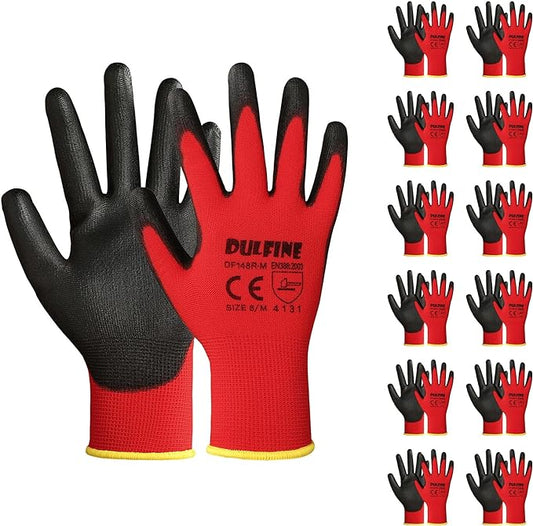 Safety Work Gloves PU Coated-12 Pairs,Red Seamless Knit Glove with Polyurethane Coated Smooth Grip on Palm & Fingers, for Men and Women, Ideal for General Duty Work (Small)