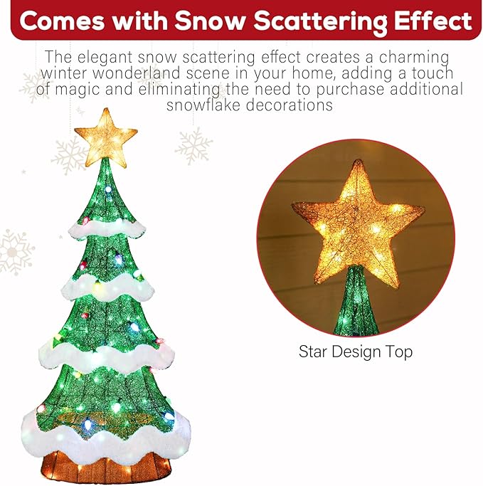 Hykolity 5 ft. Christmas Tree with Star Topper, Metal Frame Outdoor Decor, Multi-Color Bulbs + Green LEDs, Lighted Holiday Displays