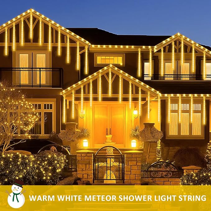 2-Pack Extendable Meteor Shower Christmas Lights Outdoor, 16 Tubes 384 LEDs Waterproof Falling Rain String Lights, Christmas String Lights Outdoor for Tree Patio Garden Holiday Decorations(Warm White)