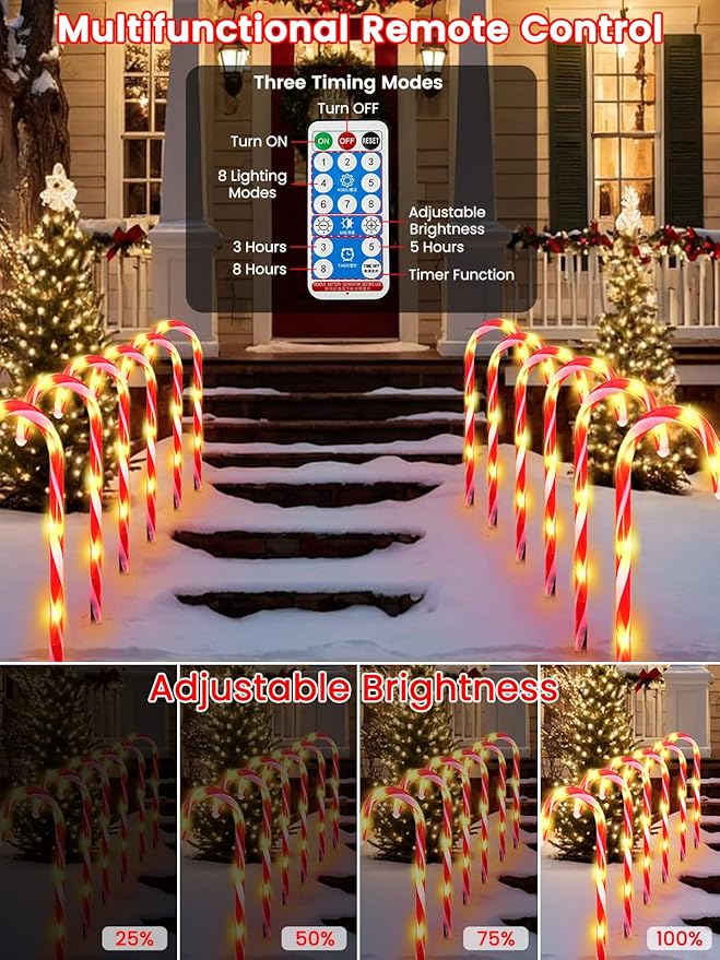 Upgraded 24 Pack Candy Cane Solar Christmas Lights Waterproof, Rechargeable Pathway Lights with Remote, Solar Powered & USB Charging Christmas Decorations Outdoor for Garden Lawn Yard Party