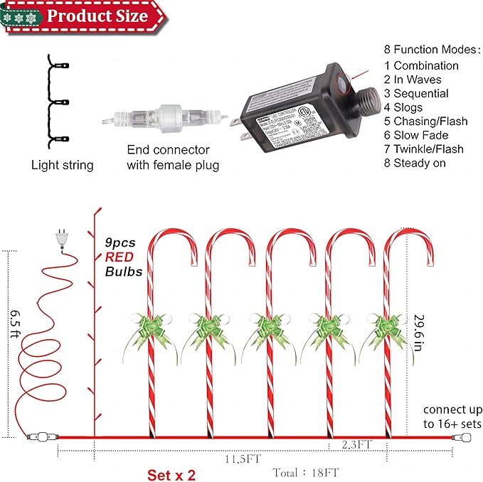 35" Candy Cane Lights - 20 Pack 8 Modes, 30V LED Candy Cane Lights Christmas Decor, Outdoor Christmas Decorations for Yard, Lawn, Garden and Pathway