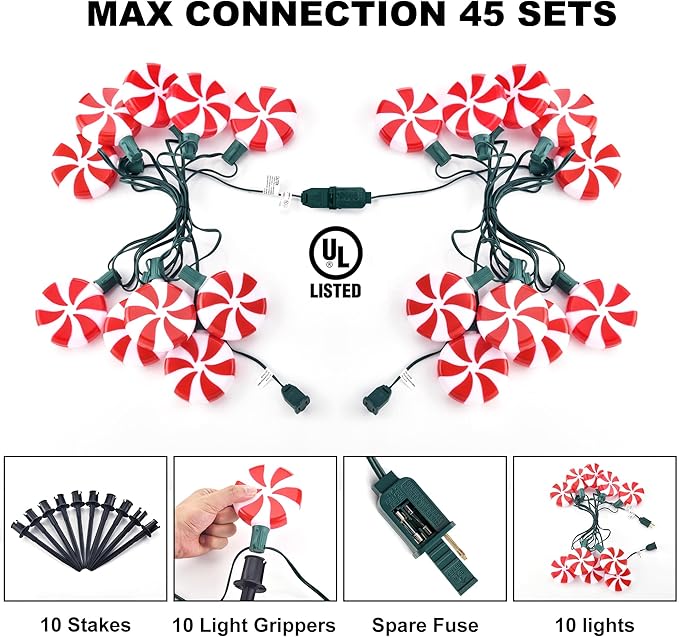 Ultimate Unicorn Christmas Lollipop Pathway Lights for Garden Christmas Decoration Red, 10 LED Peppermint String Lights with Stakes for Outdoor Sidewalk Pathway Rooftop Lawn Garden