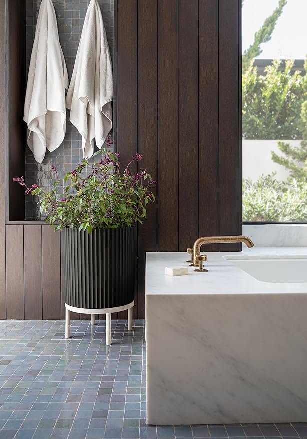 Veradek Demi Series Round Planter w/Stand for Porch/Patio | Durable Plastic-Stone Composite & Wooden Stand | Modern Décor for Tall Plants, Flowers