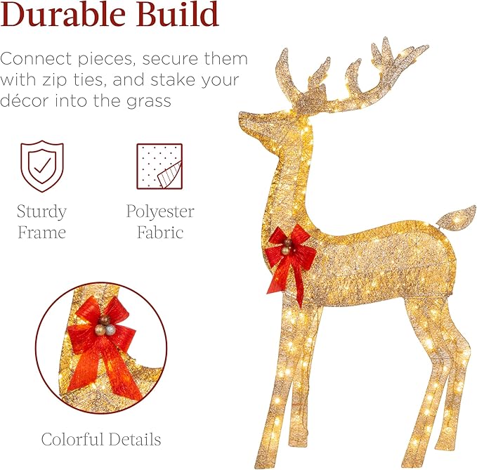 Best Choice Products 3-Piece Large Lighted Christmas Deer Family Set 5Ft Outdoor Yard Decoration with 360 LED Lights, Stakes, Zip Ties - Gold