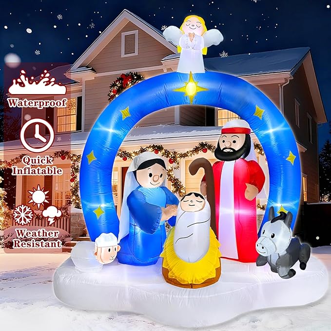 7 Ft Tall Christmas Inflatables Nativity Scene Outdoor Decorations, Light Up Christmas Blow Up Yard Decorations Birth of Jesus Nativity Sets for Xmas Garden Lawn Outside Large Party Decor