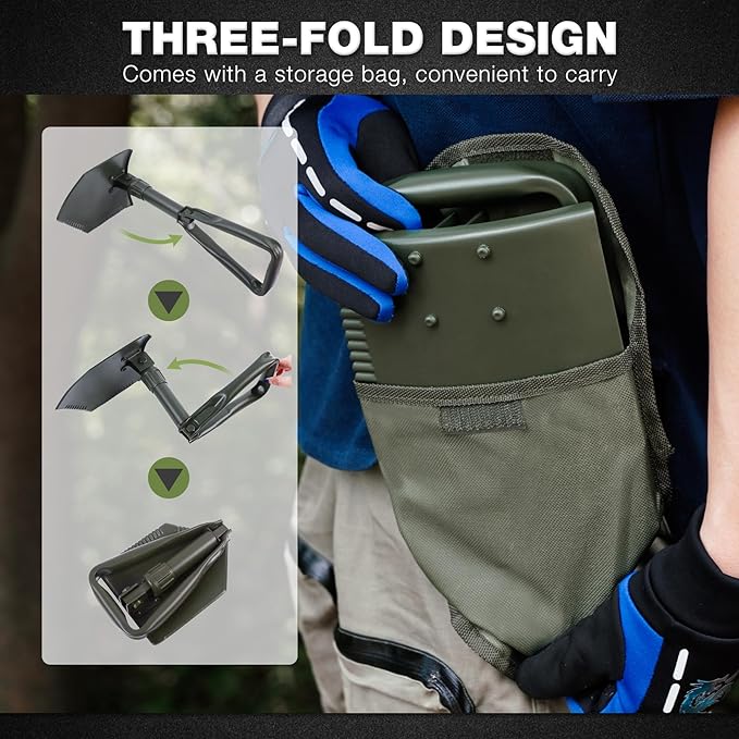 REDCAMP 23" Tri-Fold Folding Shovel for Camping & Car Emergencies, Heavy Duty Tactical Compact Snow/Mud Shovel with OCP Cover, High Manganese Steel Mini Survival Tool (3LBS, Green)