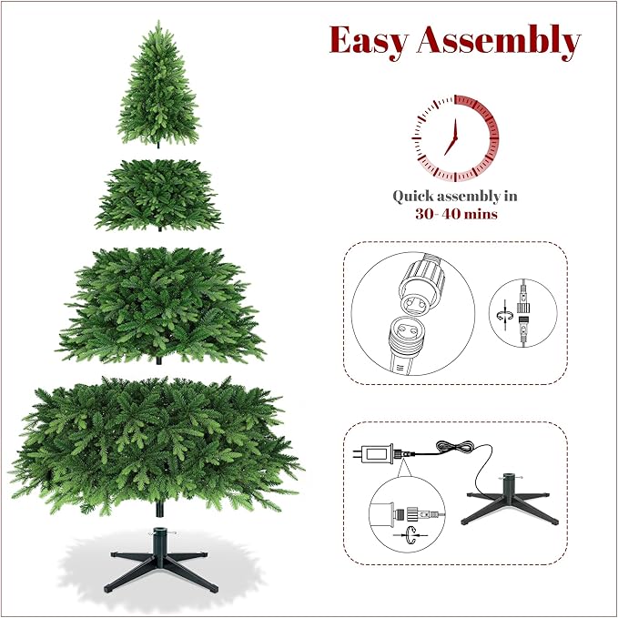 Thalassophile 9ft Pre-Lit Full Christmas Tree with Rotating Stand, Prelit Rotating Artificial Hinged Realistic Xmas Tree with Remote, 600 Lights Warm White & Multi Color, 2512 Branch Tips, Green