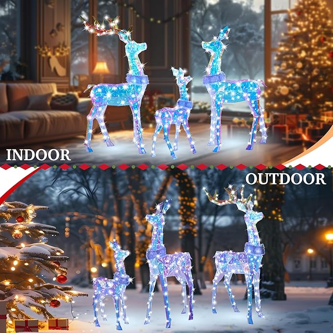 54 Inch 3D Colorful Large Lighted Christmas Deer Decorations 3-Piece Outdoor Holiday Decorations Reindeer Set with 245 Warm White LEDs, Large Yard Display for Garden, Storefront