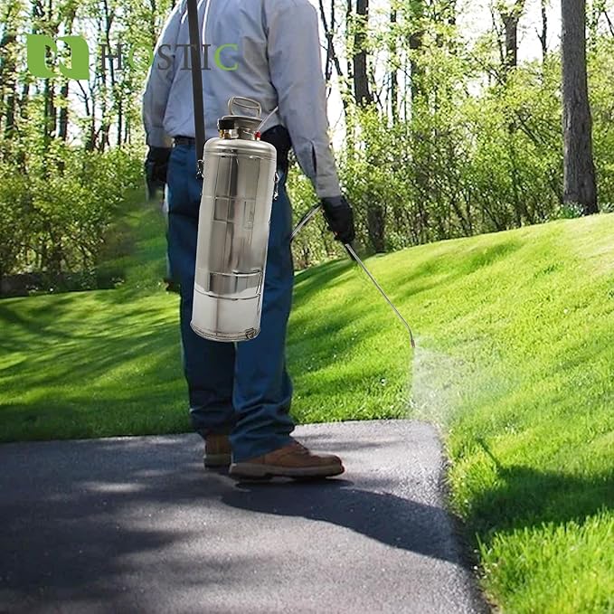 HOSTIC 1 Gallon Stainless Steel Sprayer Hand Pump Sprayer with Pressure Gauge Safety Valve Adjustable Nozzle for Gardening Lawn and Cleaning