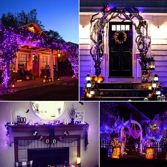 Purple LED Outdoor Halloween Lights, 39Feet 100 LED Mini Lights with 8 Lighting Modes, Connectable Halloween String Light Plug In for Garden Patio Party Haunted House Ghost Holiday Lighting Decoration
