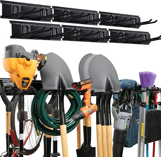 TIDYME Garage Tool Organizer Wall Mount - 96 inches - Sturdy Storage Rack with Adjustable Hooks, Anti-Rust - Easy Installation, 600lbs Capacity - Garden Tool Organizer (06 Racks & 12 Hooks)