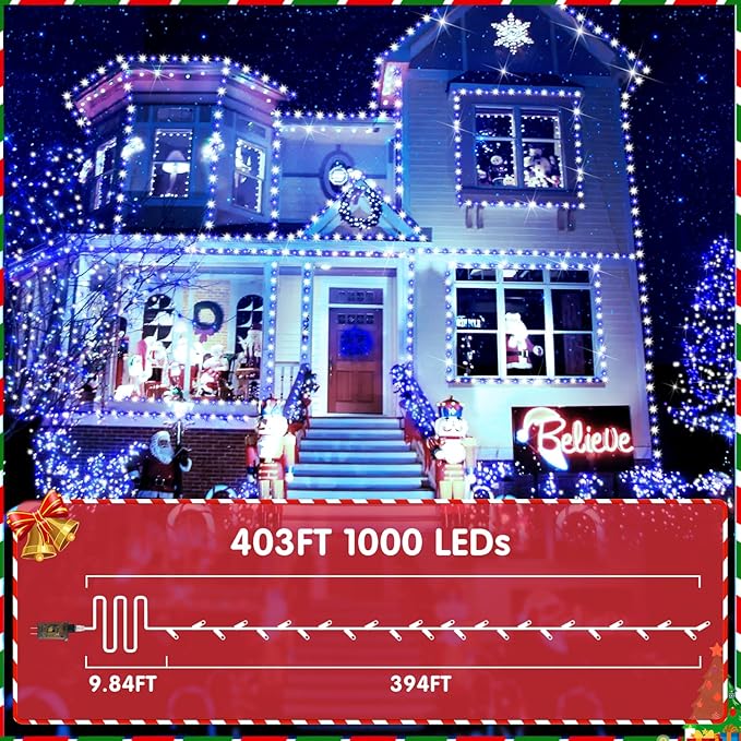 XURISEN 403FT 1000 LED Christmas Lights Outdoor Green Wire String Lights 8 Modes with Timer Memory Waterproof Fairy Light Plug in for Xmas Tree Wedding Yard Party Holiday Decorations(Blue+White)