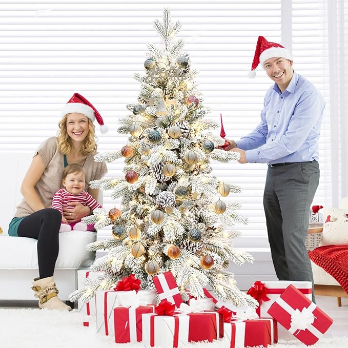 5 FT Pre-Lit Snow Flocked Slim Fir Christmas Tree with 671 PE & PVC Mixed Branch Tips,Artificial Skinny Pencil Xmas Tree with 450 Warm-White Lights & 25 Pine Cones,Hinged Pine Tree with Metal Stand