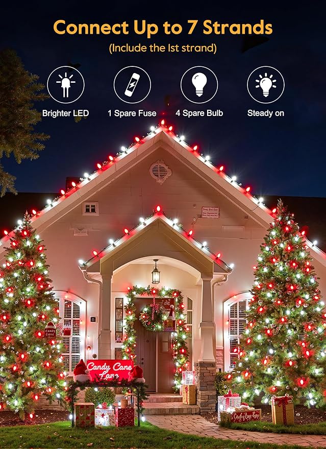 Vintage C9 LED Christmas Lights Outdoor, 100 Feet C9 String Lights with 100 Shatterproof C9 Bulbs, Waterproof Connectable Christmas Tree Lights for Outside Roofline Patio Xmas Decor, Red & Pure White