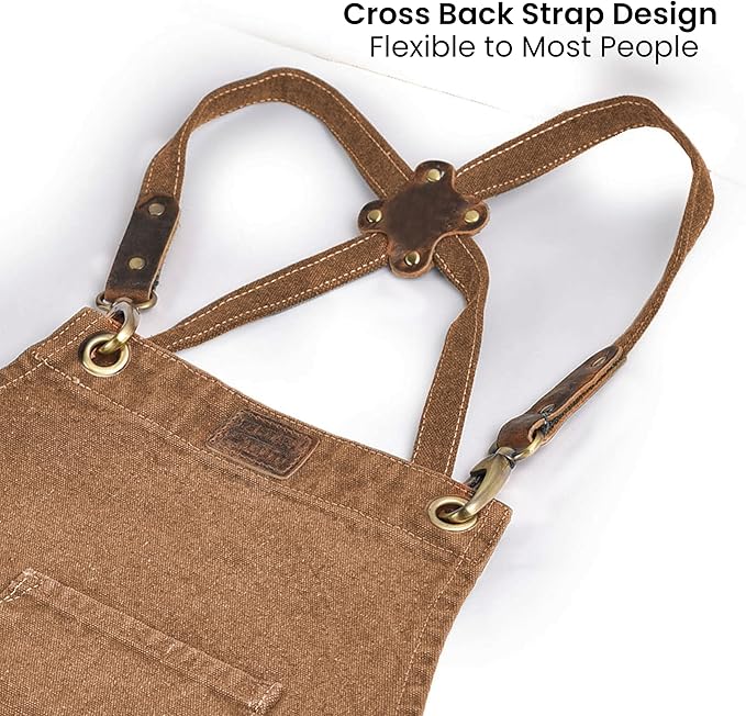 LEATHER VILLAGE Chef Aprons for Men Women with Large Pockets, Cotton Canvas Cross Back Adjustable Work Apron, Size M to XXL