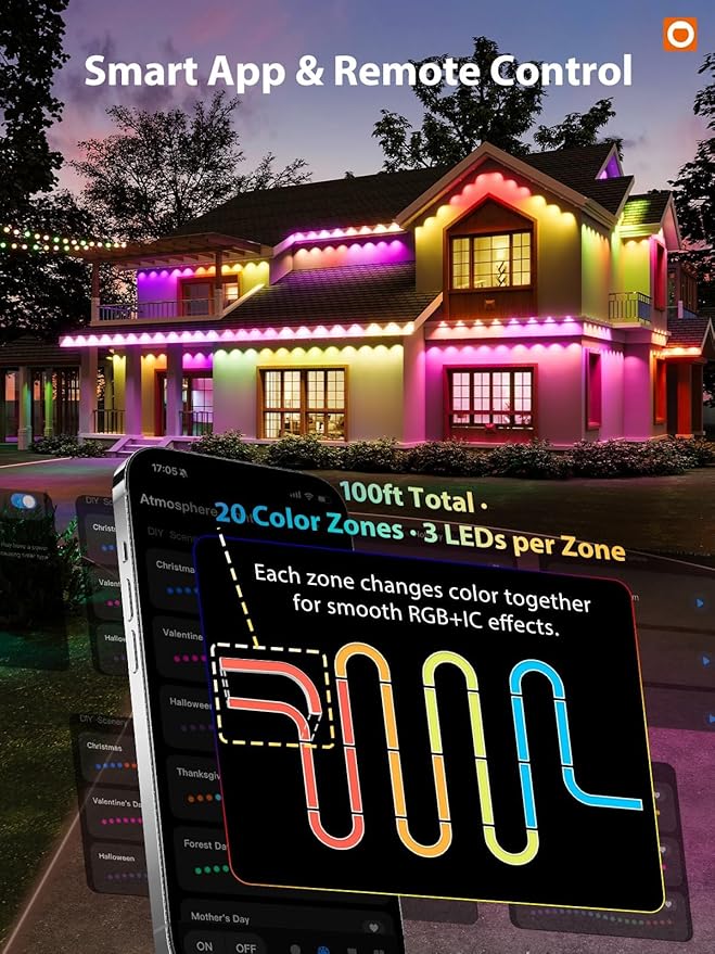 addlon 100FT Permanent Outdoor Lights, Smart RGB+IC LED Lights for House & Outdoor Decor, App & Remote Control, DIY Scene Modes, IP67 Waterproof for Christmas, Holiday, Party, Halloween Decorations