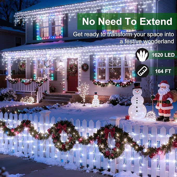 1620 LED Christmas Lights with 360Drops, 164ft 12 Modes Cool White Outdoor String Lights with Timer Dimmable, Waterproof Hanging Twinkle Lights for Halloween Holiday Wedding Eaves Christmas Decor