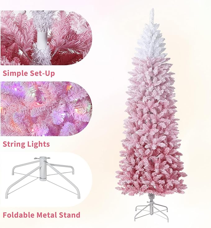 GarveeHome 7.5ft Prelit Artificial Christmas Tree with RGB & Warm White Lights, Pre-Lit Snow Flocked Pencil Christmas Tree, Foldable Base,Holiday Decoration for Home, Office, Party,Pink Gradient