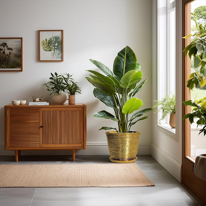 Ceramic Planter - 10 Inch Plant Pot with Drainage Hole and Saucer, Round Flower Pots for Indoor Outdoor, Large Modern Decorative Planter, Garden Room Home Decor, Gifts for Plant Lover, Gold