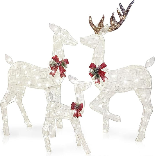 Joiedomi 3 Packs Christmas Decoration Deer Family, 360 Warm White LED Lighted Reindeers Yard Lights, Christmas Outdoor Decorations for Yard Garden Lawn, Xmas Decor, White Deer