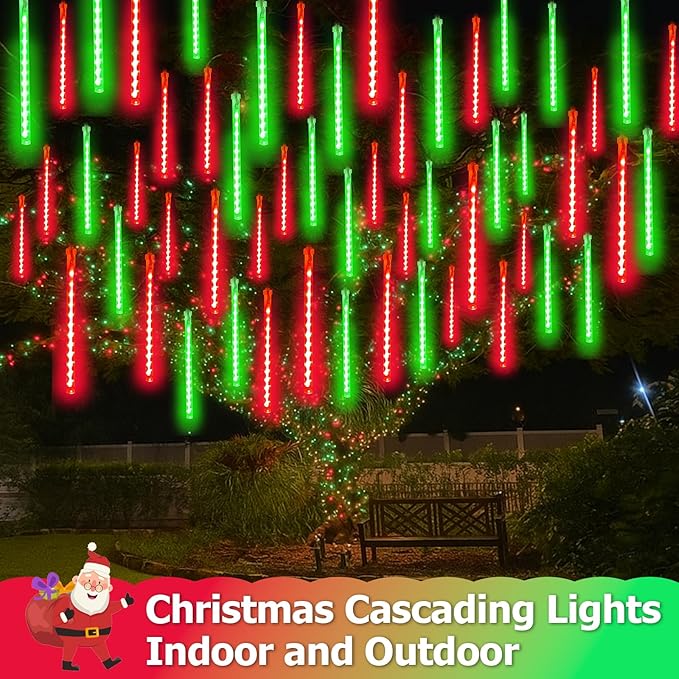 2-Pack Extendable Meteor Shower Christmas Lights Outdoor, 16 Tubes 384 LEDs Waterproof Falling Rain String Lights, Christmas String Lights Outdoor for Tree Garden Holiday Decorations (Red and Green)