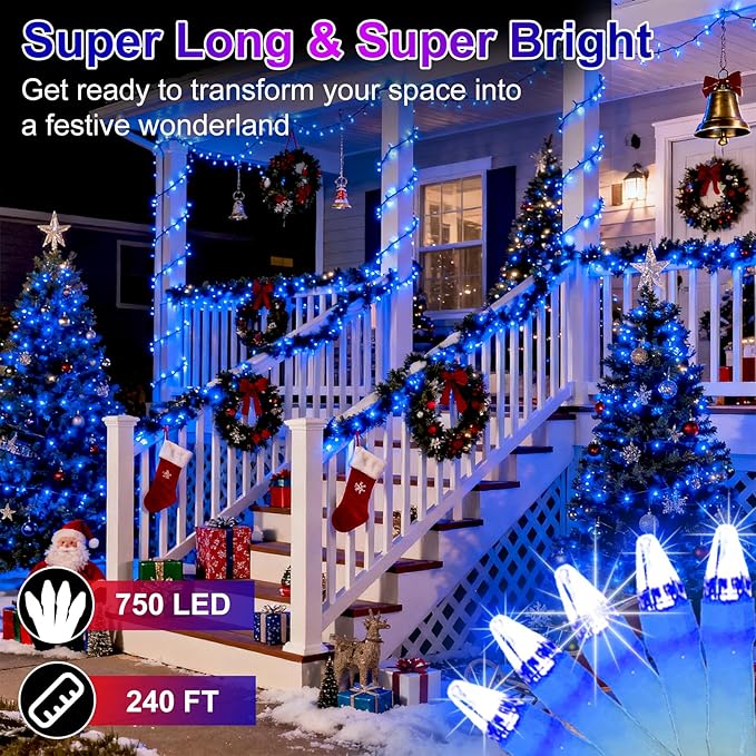 750 LED 240FT Christmas String Lights Outdoor, 12 Pro Modes and Timer Memory & Brightness, Plug in Outdoor Waterproof Clear Wire Twinkle Light for for Xmas Yard Tree Wedding Party Decor (Blue)