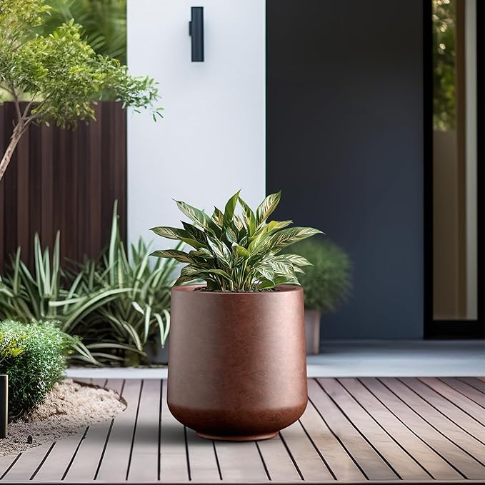 Kante 15.3" Dia Round Concrete Planter, Outdoor Indoor Large Plant Pots Containers with Drainage Hole and Rubber Plug for Home Garden Patio, Rusty