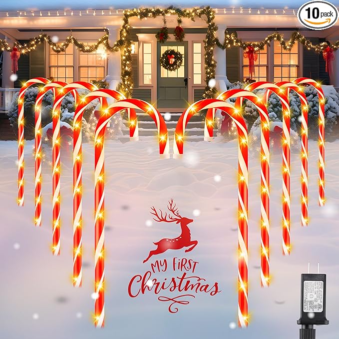Brightown 35" Candy Cane Lights Outdoor Pathway, 10 Packs Jumbo Candy Cane Pathway Lights, 8 Modes LED Outdoor Candy Cane Decorations Christmas Pathway Lights Yard Lawn Driveway Walkway Sidewalk
