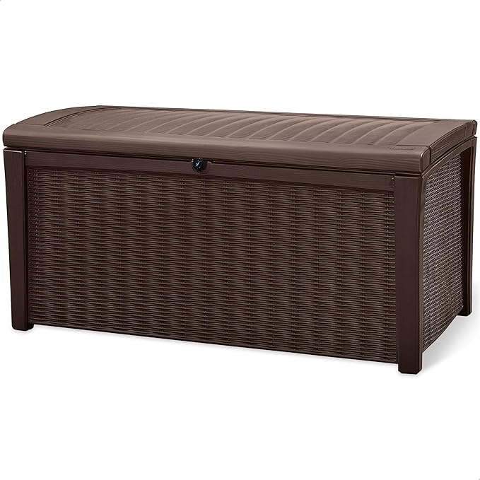 Keter Borneo 110 Gallon Resin Deck Box - Organization and Storage for Patio Furniture, Outdoor Cushions, Throw Pillows, Garden Tools and Pool Toys, Brown