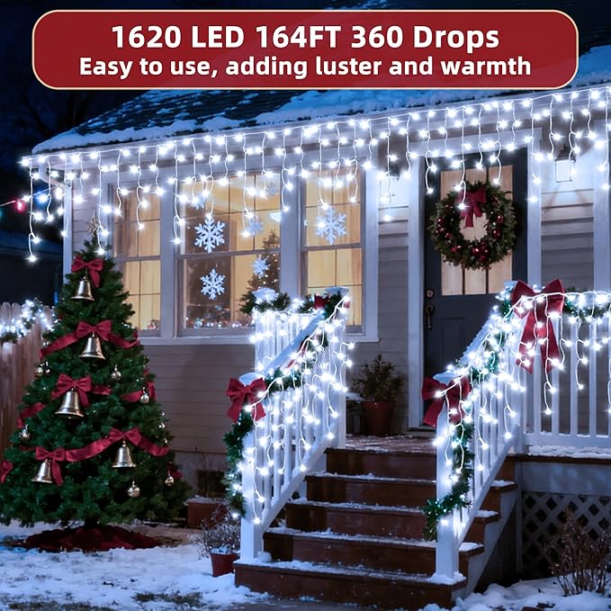 1620 LED Christmas Lights Outdoor 164 FT with 360Drops, Christmas Decorations Hanging Lights 12 Modes, Dimmable Outsite Fairy String Lights for Wedding Party Holiday Winter Wonderland Decor Cool White